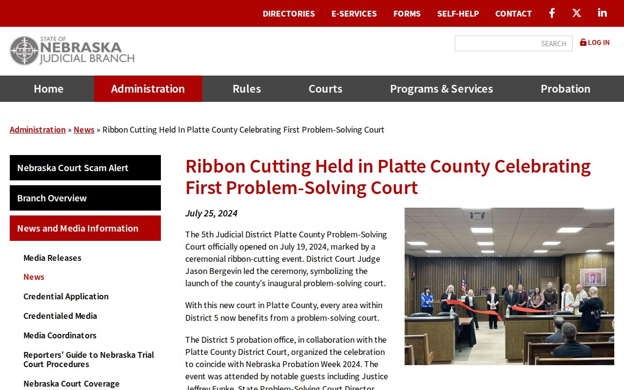 Nebraska Judicial Branch announcement image for the Platte County problem-solving court opening in Columbus
