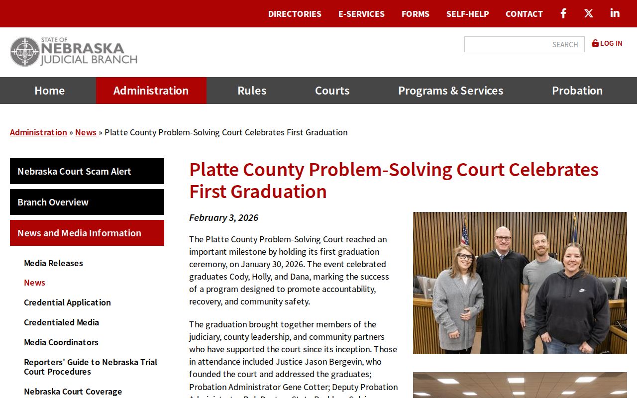 Nebraska Judicial Branch announcement image marking the Platte County problem-solving court first graduation in Columbus