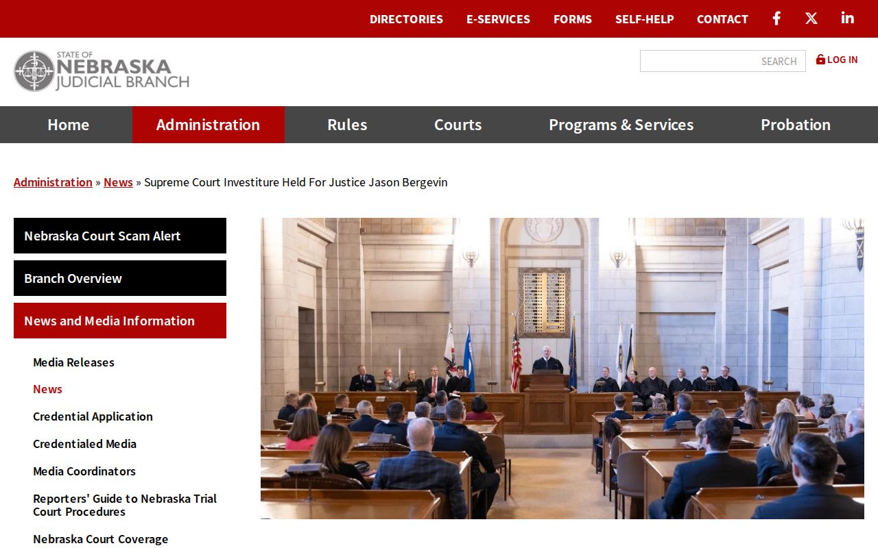 Nebraska Judicial Branch image from Justice Jason Bergevin's investiture announcement used for Duncan court-system context