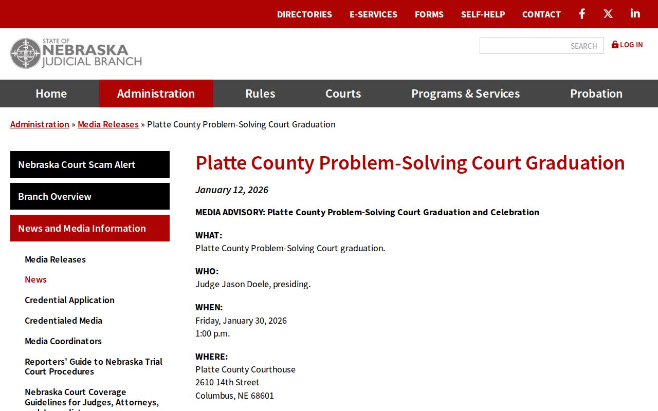 Nebraska Judicial Branch image from the Platte County problem-solving court graduation advisory for Duncan court-system context