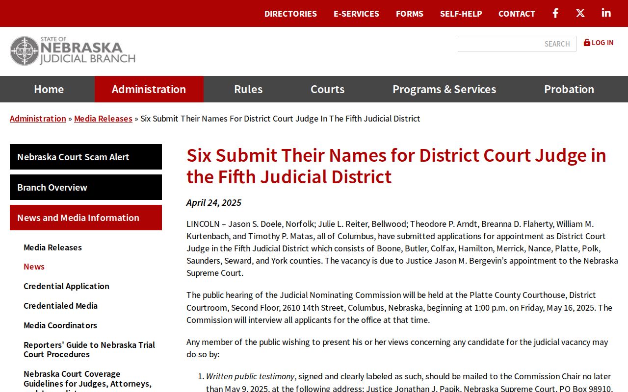 Nebraska Judicial Branch image from a Fifth Judicial District court vacancy release relevant to Newman Grove District Court context