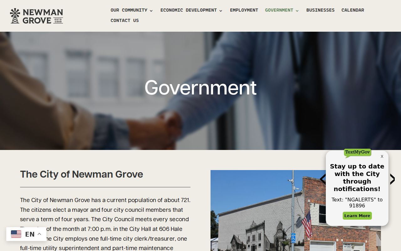 Screenshot of the Newman Grove official government page for city government and office context