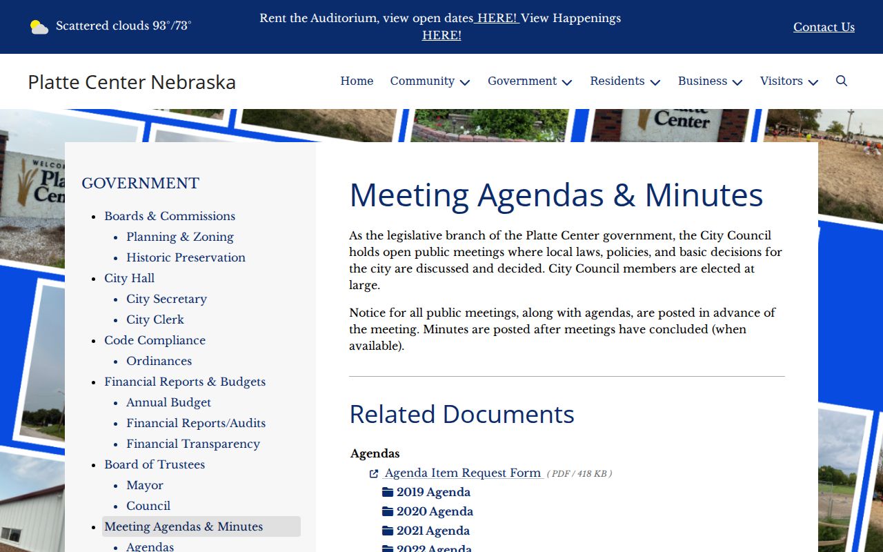 Screenshot of Platte Center meeting agendas and minutes page showing local civic-record access