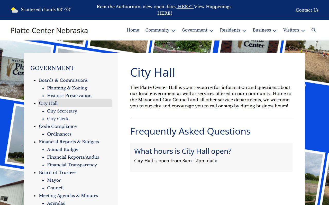 Screenshot of Platte Center City Hall official page for city office and clerk-routing context
