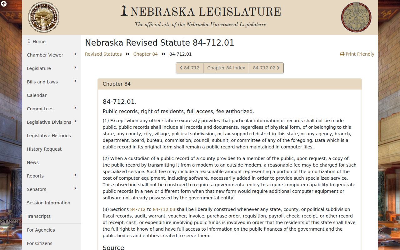 Nebraska Legislature public-record definition page image supporting Platte Center court-record access context